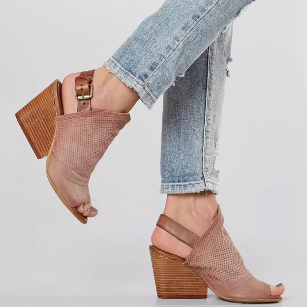 Miz Mooz Kona Perforated Blush Rose Leather Heeled Peep Toe Sandals Size 36